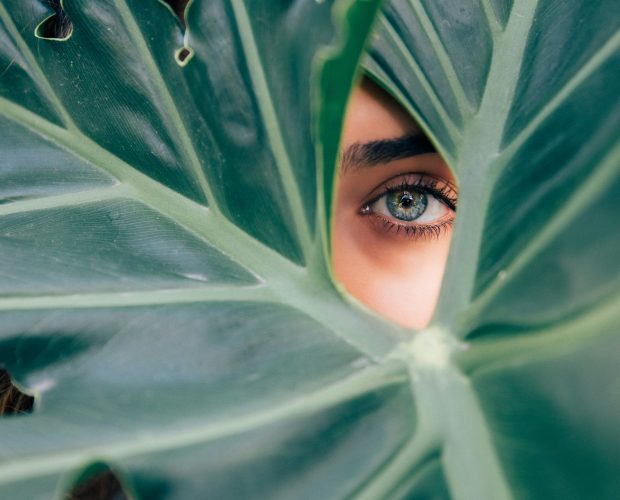 Close-up of a woman’s eye peering through a green leaf, symbolising natural beauty, skin health, and detox benefits supported by MSM supplement.